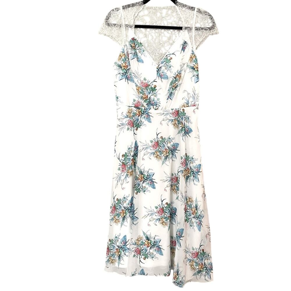 ASOS White Floral Print Knee Length Lace Shoulder Dress Womens 6 Tropical Vaca